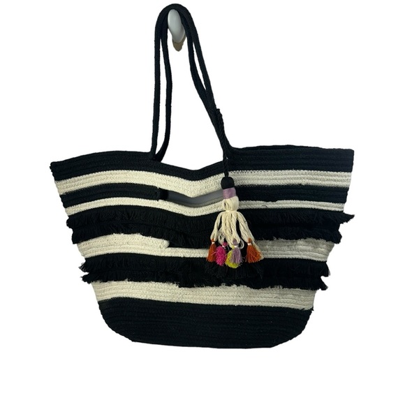 Stella & Dot Handbags - Stella & Dot Taj Tote Bag Bohemian Stripe Large Beach Purse Tassel Black White